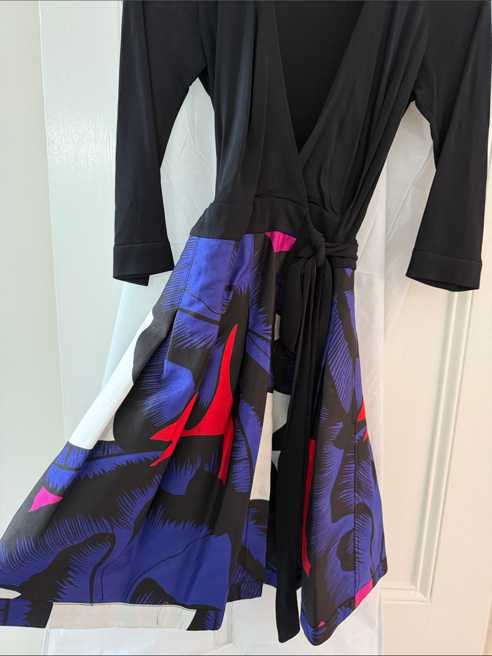 Diane Von Furstenberg Black Wrap Dress with Blue, Red and Pink Print